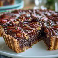 Decadent Kentucky Derby Chocolate Pecan Tart with glossy chocolate filling and crunchy pecans on a golden buttery crust.  