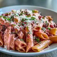 Viral Pink Sauce Pasta, creamy and blush-colored, served with fresh basil.
