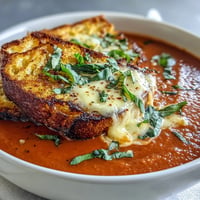 Velvety creamy tomato basil soup with golden grilled cheese croutons, a comforting delight.