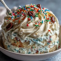 A colorful Spring Birthday Party Funfetti Cake, layered with creamy dip and sprinkles.