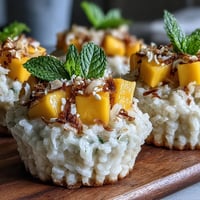 Golden Coconut Mango Sticky Rice Cups topped with vibrant fresh diced mango.