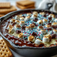 Gooey 4th of July S'mores Dip in cast iron, perfect for dipping graham crackers.