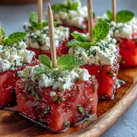 Refreshing watermelon feta bites on toothpicks, a colorful summer appetizer.
