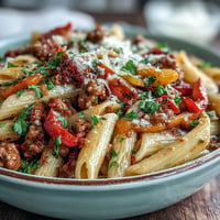 Golden penne pasta tossed with spicy sausage, vibrant bell peppers, and Parmesan.