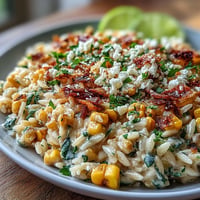 Creamy Mexican Street Corn Orzo brimming with charred corn and cotija cheese.