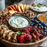 A vibrant Peach Cobbler Breakfast Grazing Board with berries, yogurt, and warm bites.