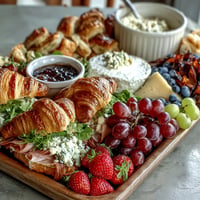 Savory breakfast grazing board showcasing mini croissant sandwiches and fresh fruit.