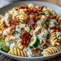 Creamy Chicken Bacon Ranch Pasta Salad overflowing with fresh veggies and cheese.