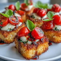 Golden, crispy rice squares adorned with fresh mozzarella, cherry tomatoes, and basil.